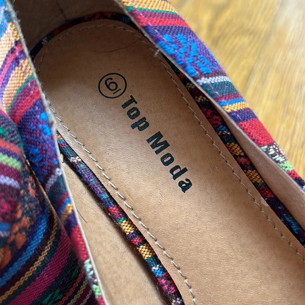 Top Moda fabric platform heels.  Pink, purple, mustard, blue & green. Size 6.
